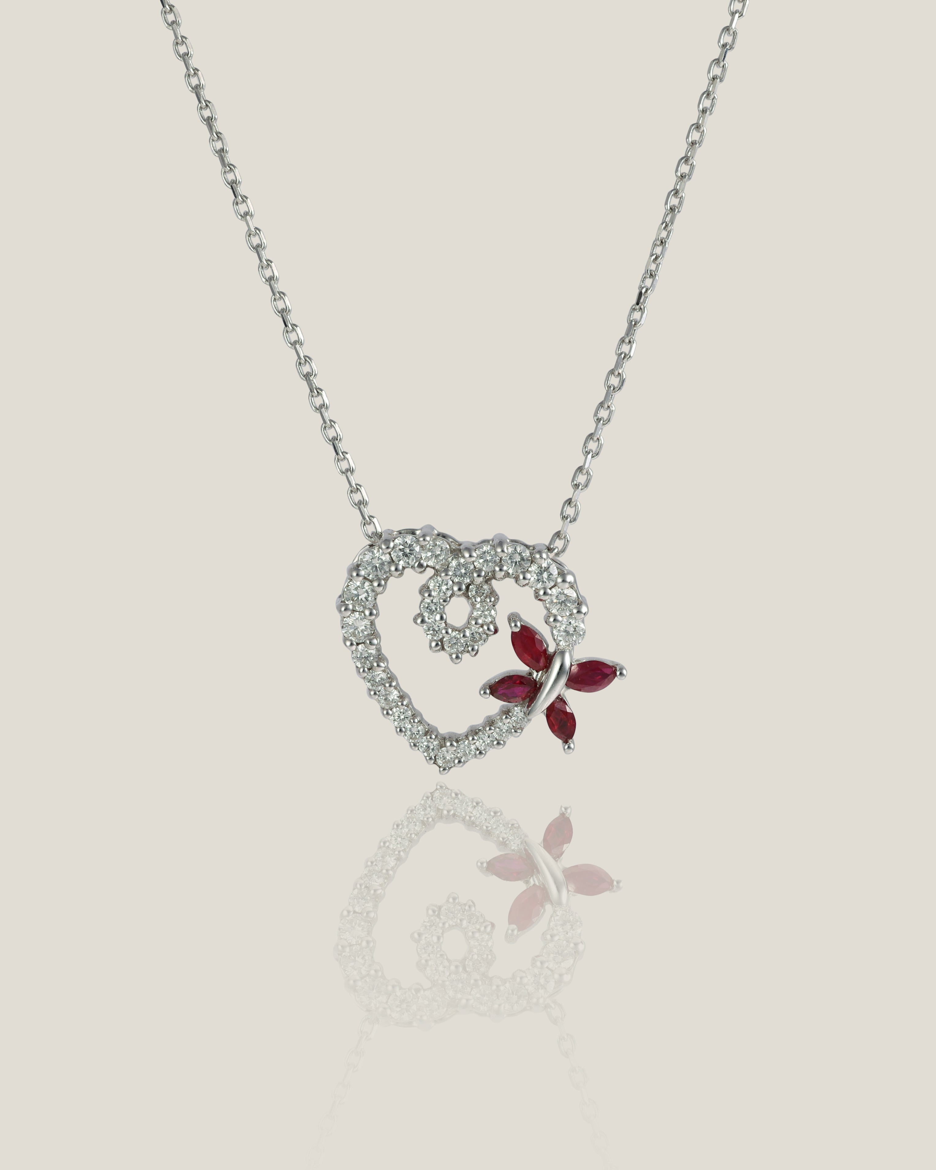 Ruby Butterfly and Heart pendant | 40cm Chain 1.5cm Heart, 3.95g