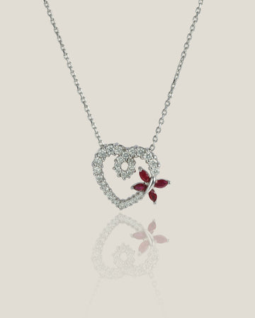 Ruby Butterfly and Heart pendant | 40cm Chain 1.5cm Heart, 3.95g
