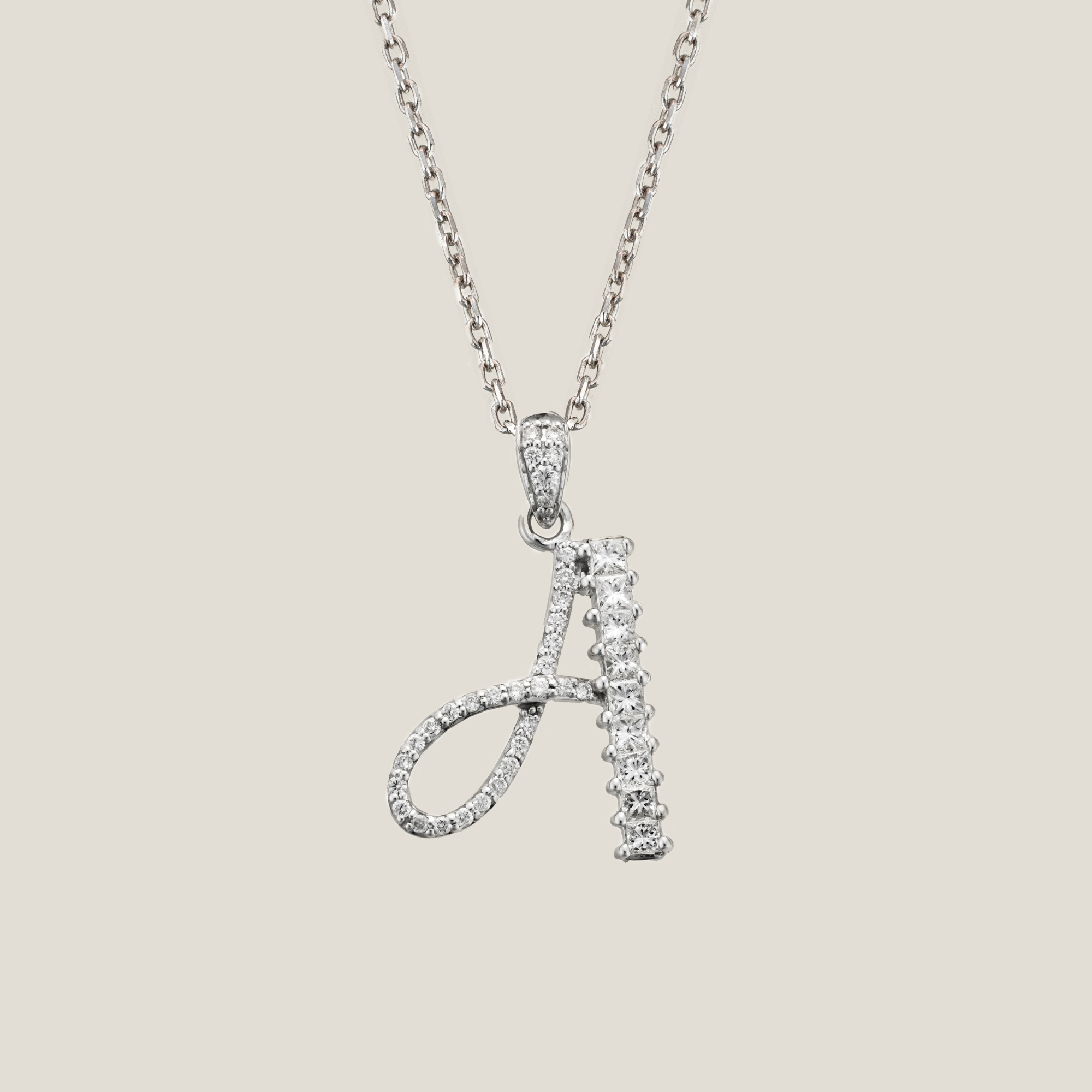 Diamond Letter A pendant | White Diamond 0.12 Carats, Princess Cut 0.35 Carats, 3.14g