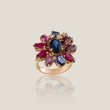 Colored Stones Ring | Ruby 5.880 Carats,  Sapphire 3.6 Carats,  White Diamond 0.204 Carats, 11g