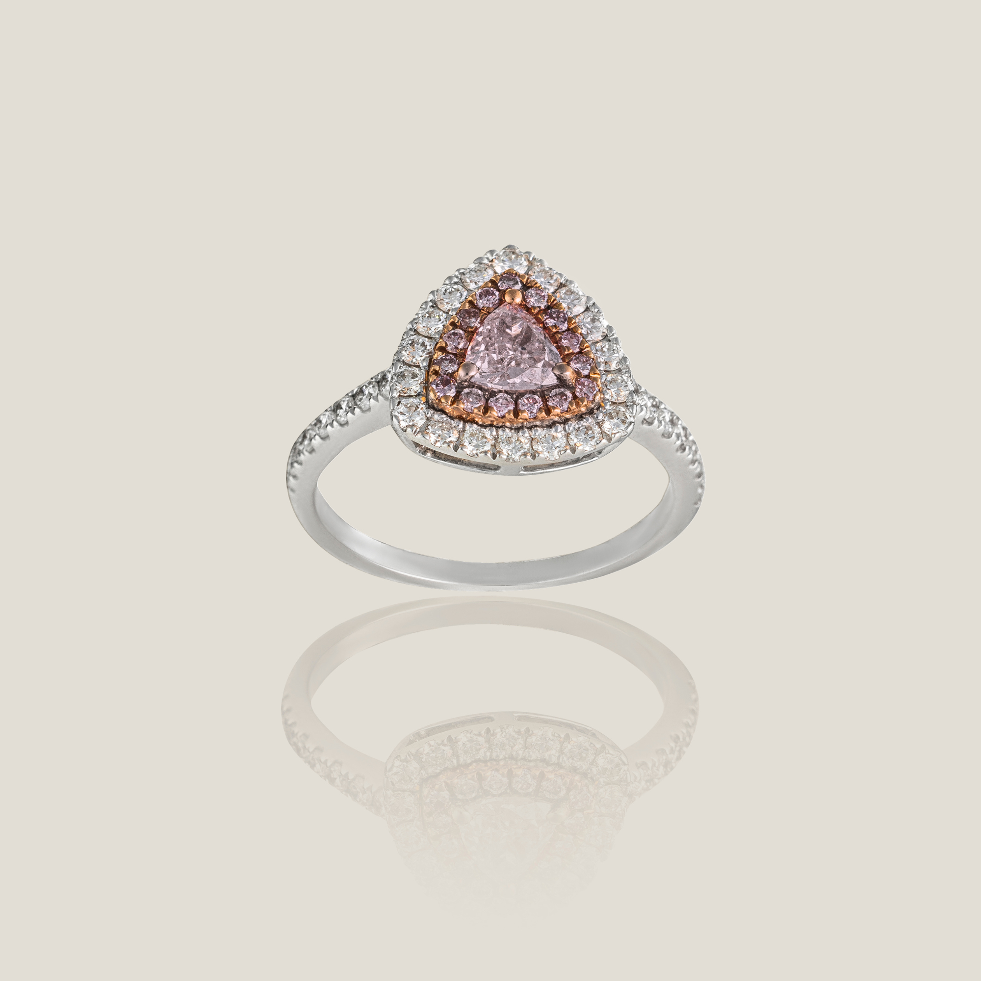 Natural Pink Triangle Shape Diamond Ring | Colored Stones 0.34 Carats, Colored Stones 0.13 Carats, White Diamond 0.51 Carats, 3.46g