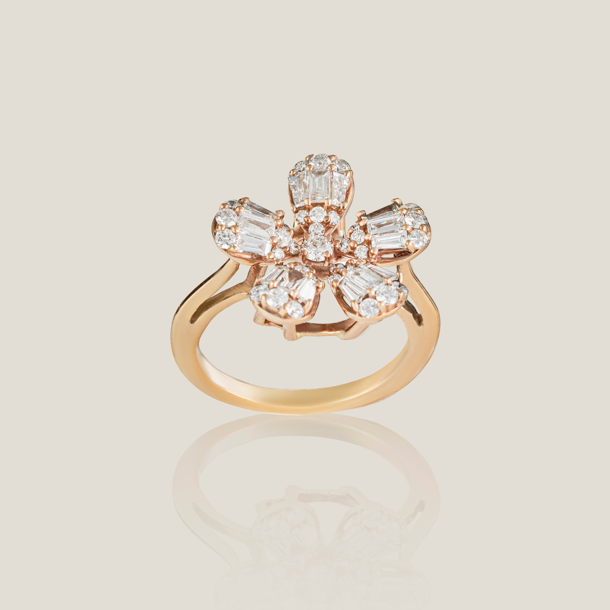 Flower Pink Gold Diamond Ring | White Diamond 0.291 Carats, Baguette 0.412 Carats, 3.22g