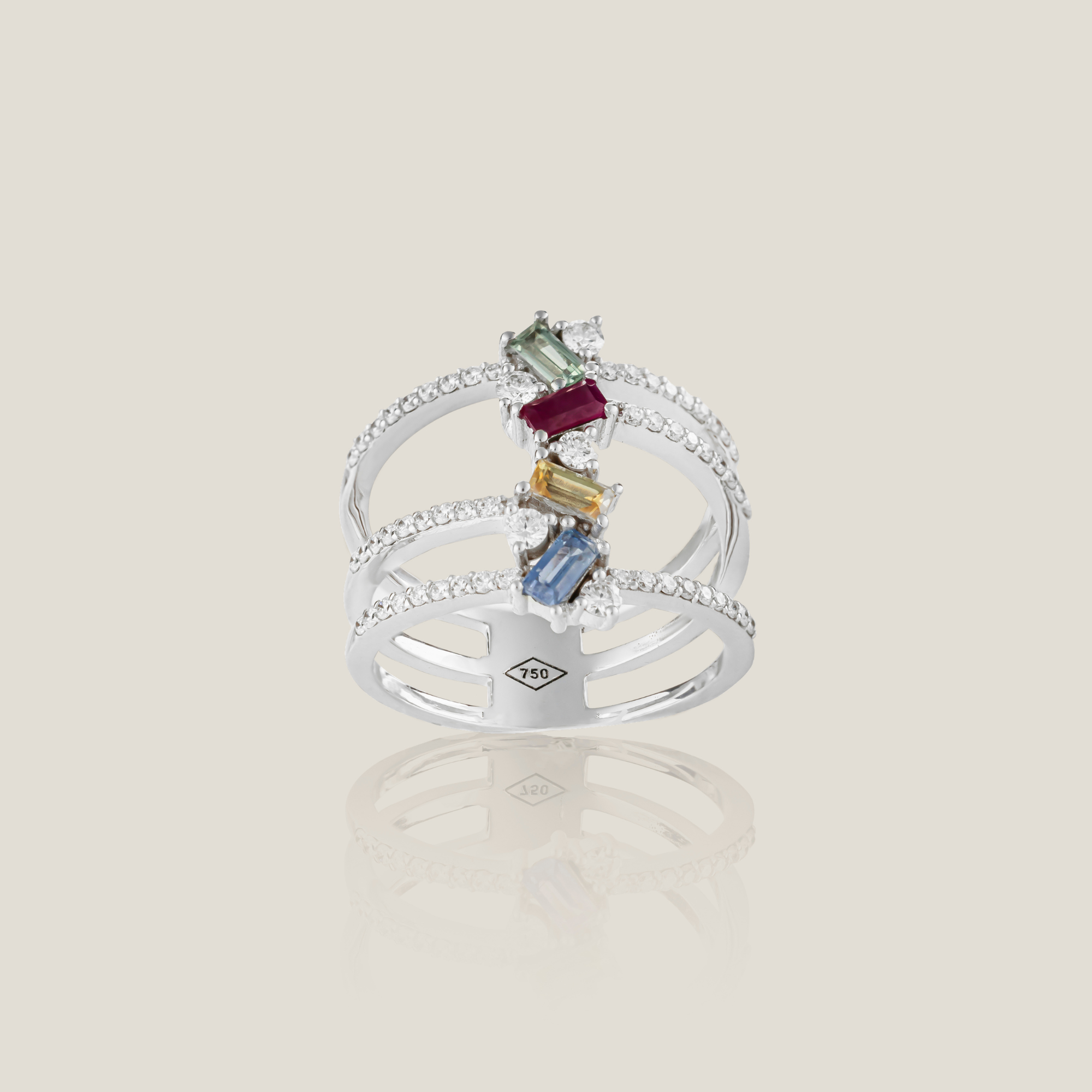 Colored Stones Diamond Ring | White Diamond 0.48 Carats, Ruby 0.12 Carats, Sapphire 0.12 Carats, 5.63g