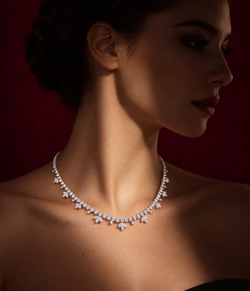 Model wearing a Jacobijoux marquise diamond necklace