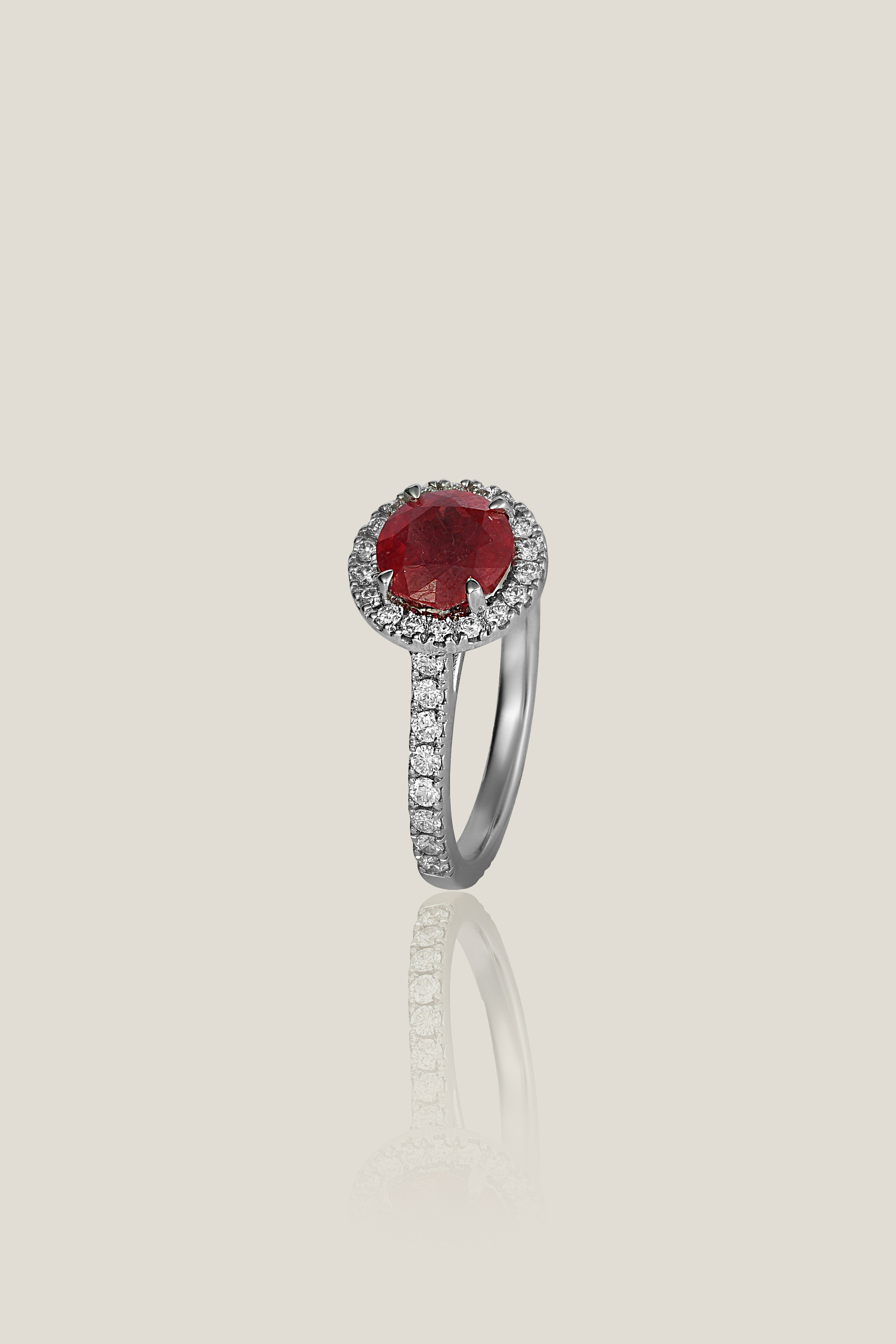 Ruby Round Shape Diamond Ring | White Diamond 0.41 Carats, Ruby 1.82 Carats, 3.62g