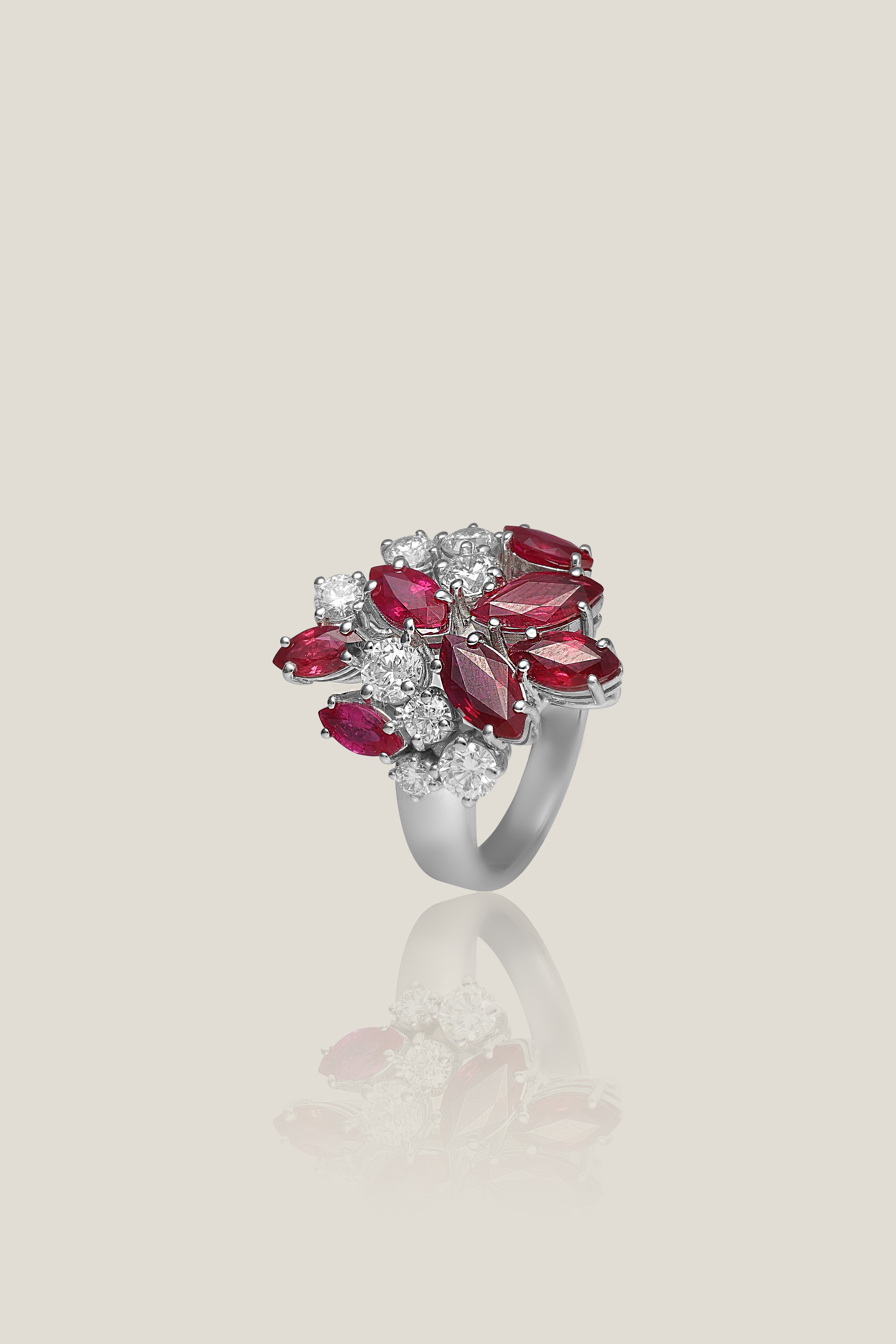 White Gold White Diamond And Ruby Ring | White Diamond 1.39 Carats, Burma Ruby 2.90 Carats, 10.71g