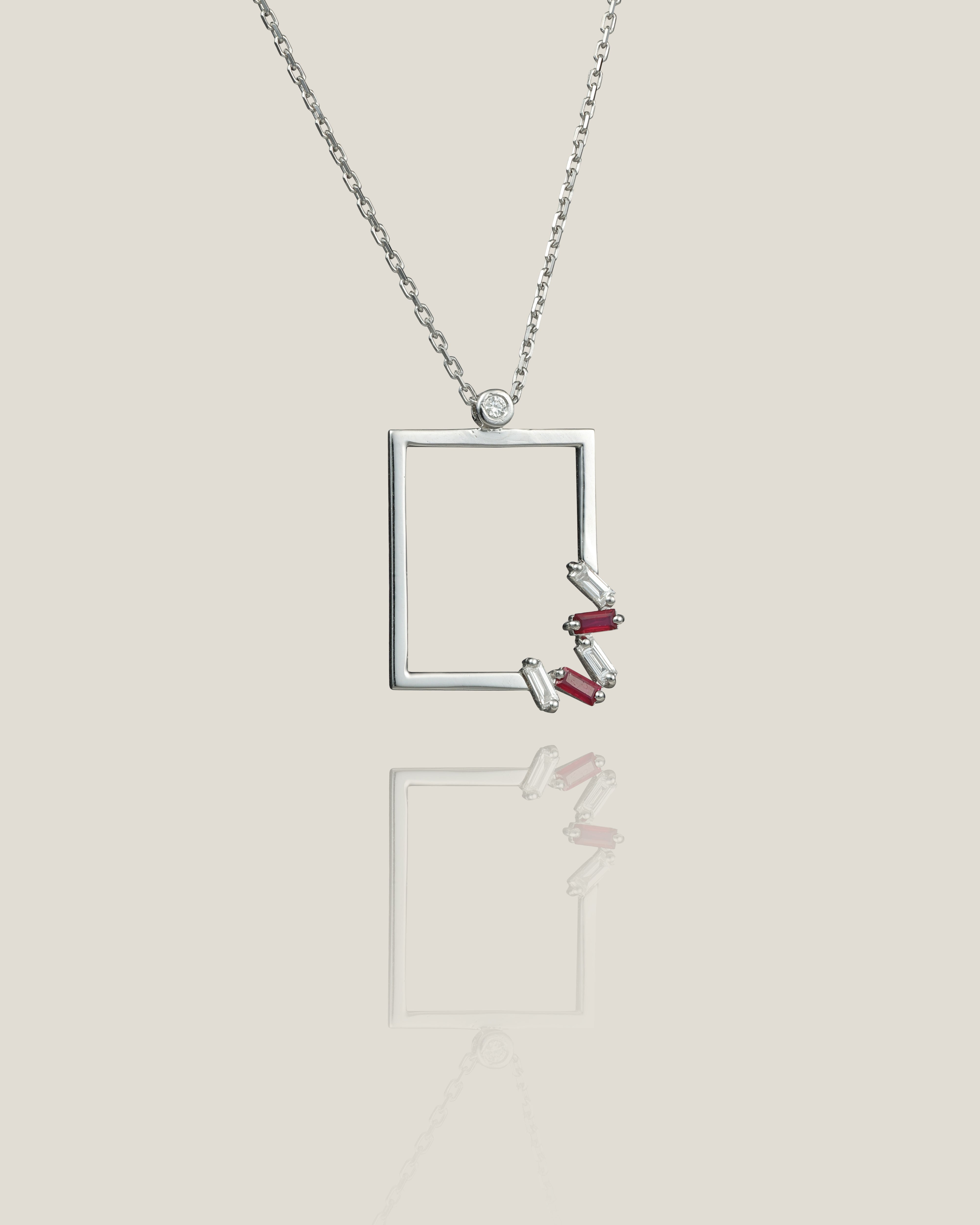 Ruby White Diamond Pendant | White Diamond 0.01 carats,  Baguette 0.1 carats, Ruby 0.1 carats, 3.1g